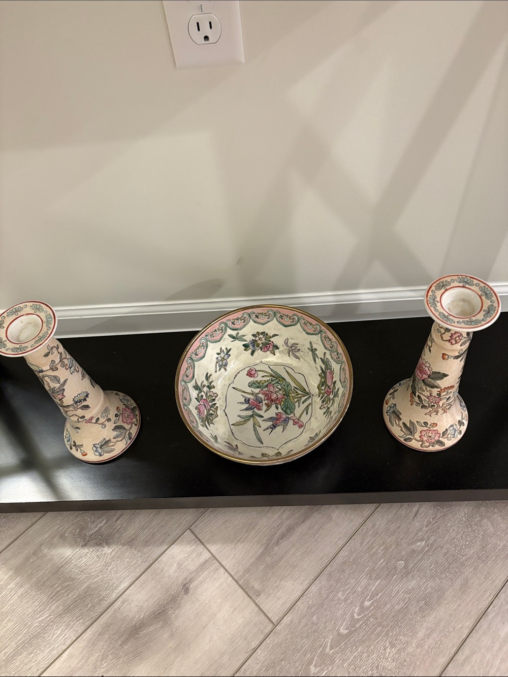 Hand-Painted Floral Ceramic Bowl and Candlestick Set - Cream and Pink Accents